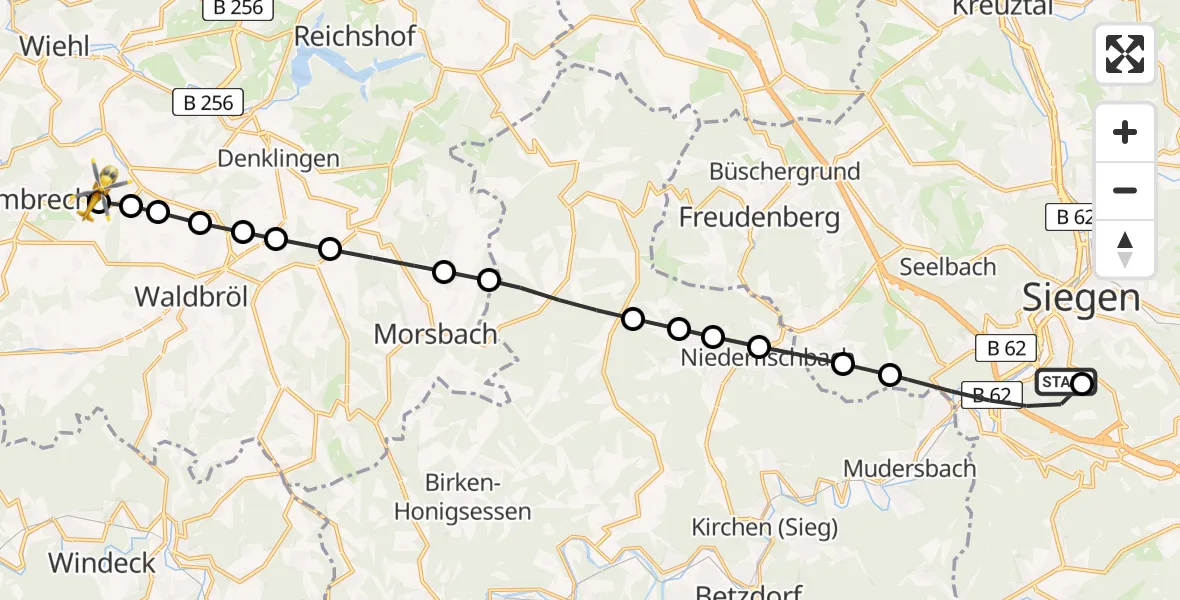 Flugroute Rettungshubschrauber Evangelisches Jung-Stilling Hospital - Distelkamp, 18 März 2026, 17:22
