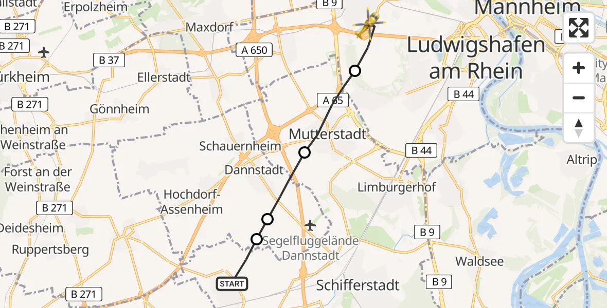 Routekaart van de vlucht: Rettungshubschrauber nach Ludwigshafen am Rhein, In den Neugärten