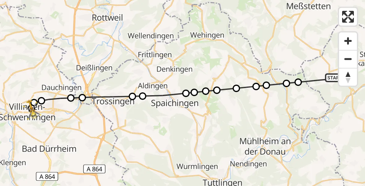 Routekaart van de vlucht: Rettungshubschrauber nach DRF Air Rescue Station Villingen-Schwenningen Heliport (Christoph 11)