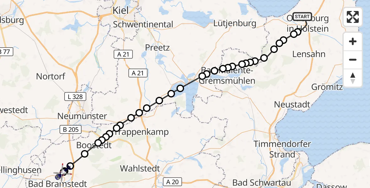 Flugroute Polizeihubschrauber Oldenburg in Holstein - Bad Bramstedt Heliport, 18 März 2026, 17:43