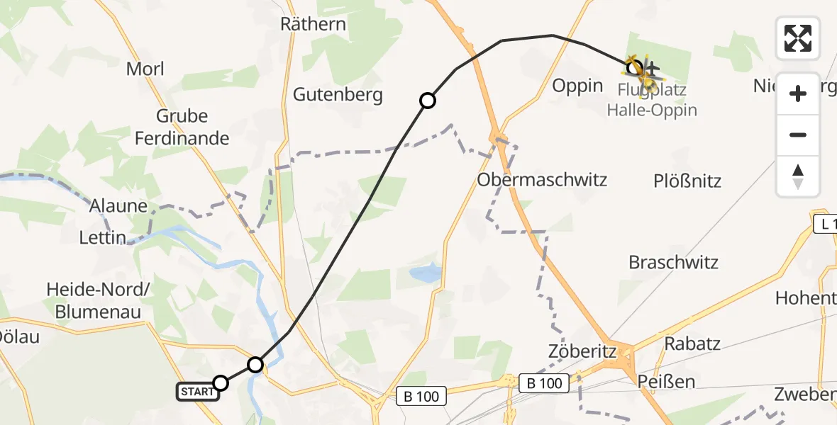 Flugroute Rettungshubschrauber Halle (Saale) University Hospital - Halle-Oppin Airfield, 18 März 2026, 17:48