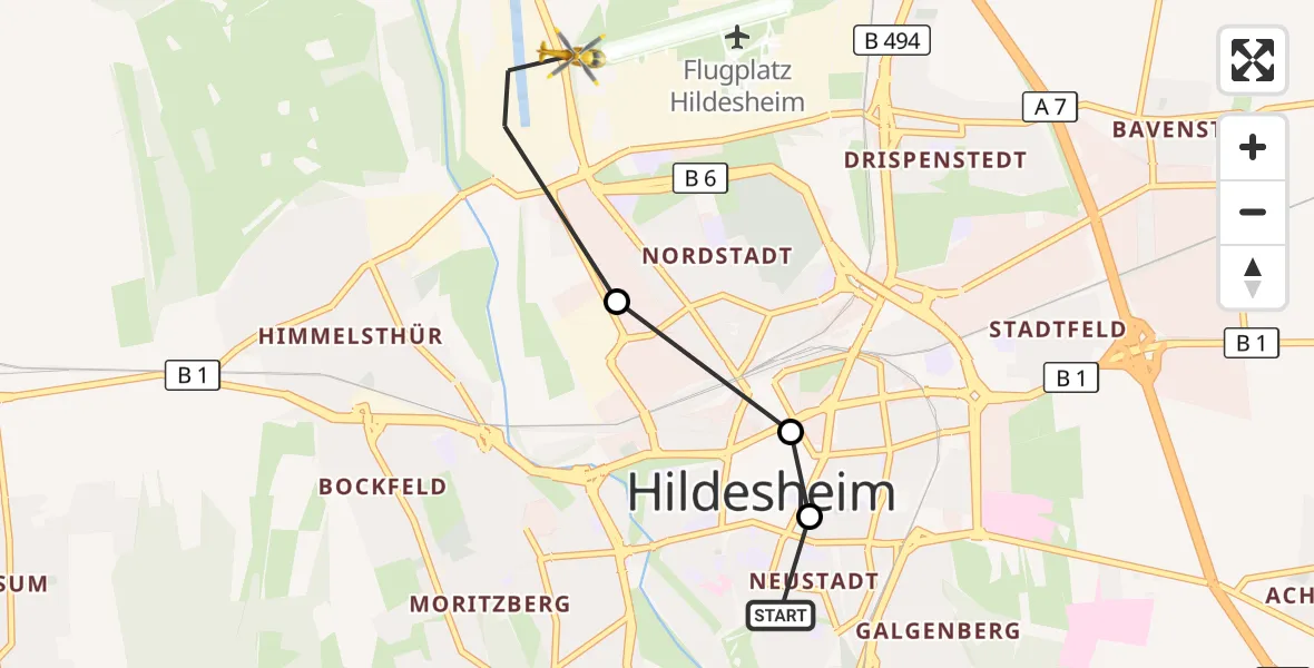 Flugroute Ambulanzhubschrauber Stadtmitte/Neustadt - Nordstadt, 18 März 2026, 17:50