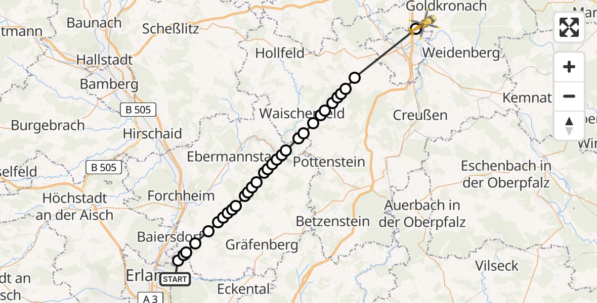 Flugroute Rettungshubschrauber Erlangen - Bayreuth Airport, 18 März 2026, 17:54