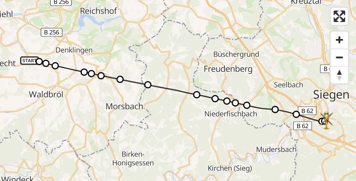 Flugroute Rettungshubschrauber Grötzenberg - Evangelisches Jung-Stilling Hospital, 18 März 2026, 17:59