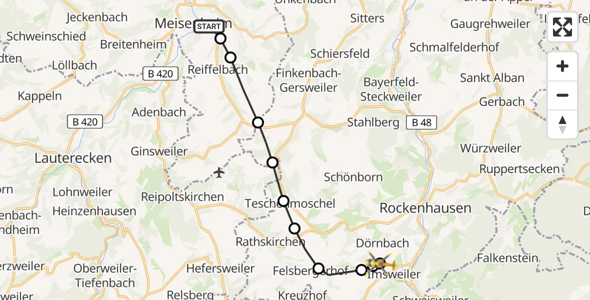 Flugroute Rettungshubschrauber Meisenheim - Imsweiler UL, 18 März 2026, 18:12