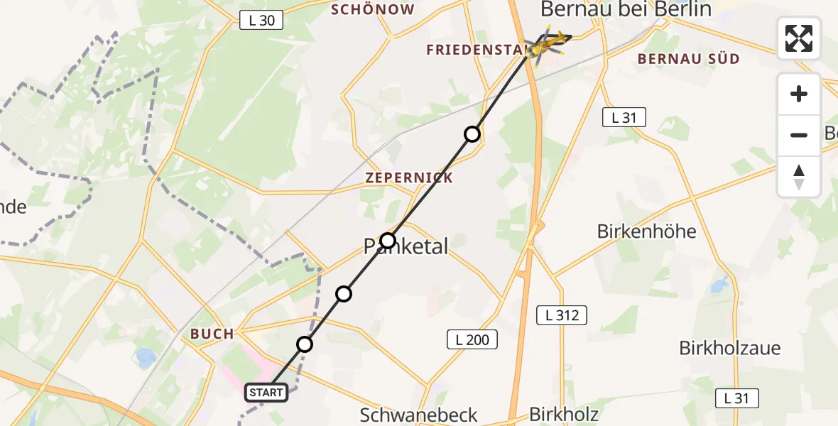 Flugroute Rettungshubschrauber Helios Clinic Berlin-Buch - Bernau, 18 März 2026, 18:19