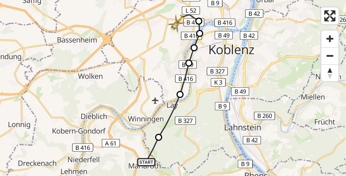 Flugroute Rettungshubschrauber Mariaroth - Koblenz, 18 März 2026, 18:22
