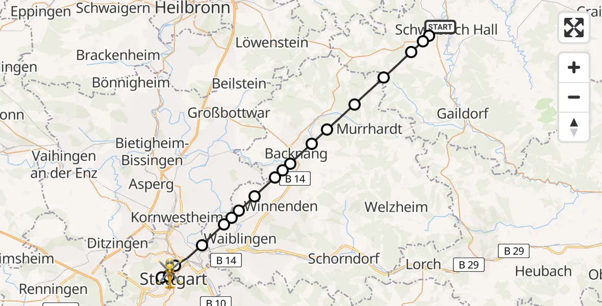 Flugroute Ambulanzhubschrauber Gottwollshausen - Stuttgart, 18 März 2026, 18:46