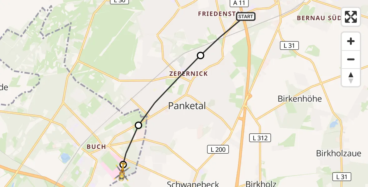 Flugroute Rettungshubschrauber Bernau - Helios Clinic Berlin-Buch, 18 März 2026, 18:53