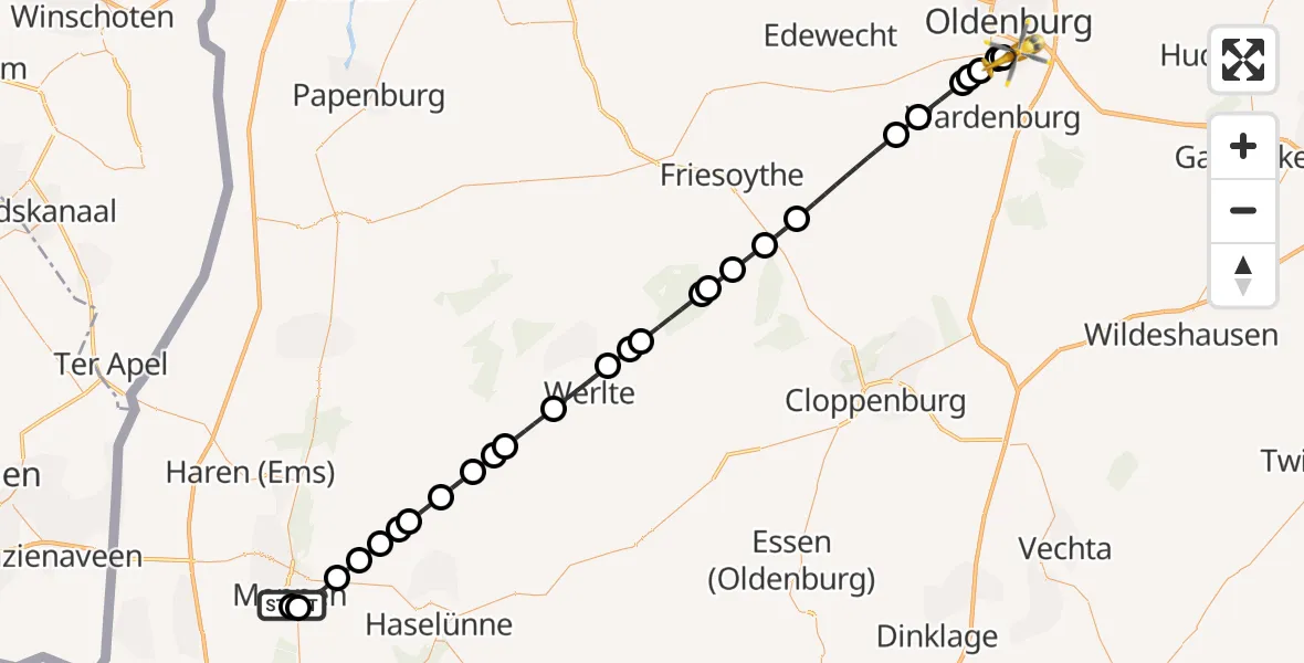 Flugroute Ambulanzhubschrauber Meppen Ludmillenstift Hospital - Oldenburg, 18 März 2026, 18:53