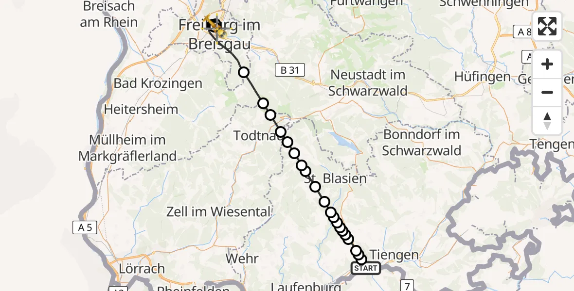 Flugroute Rettungshubschrauber Full-Reuenthal - Freiburg University Hospital Heliport 1, 18 März 2026, 19:21