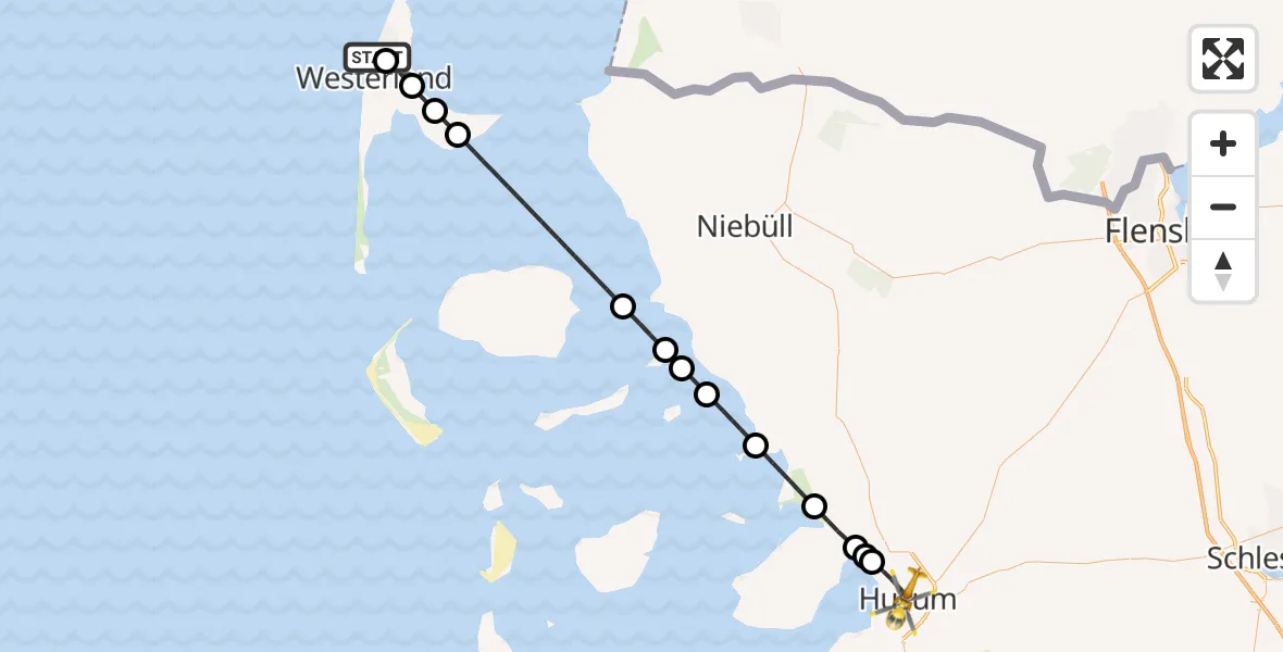 Flugroute Rettungshubschrauber Westerland - Husum, 18 März 2026, 19:30