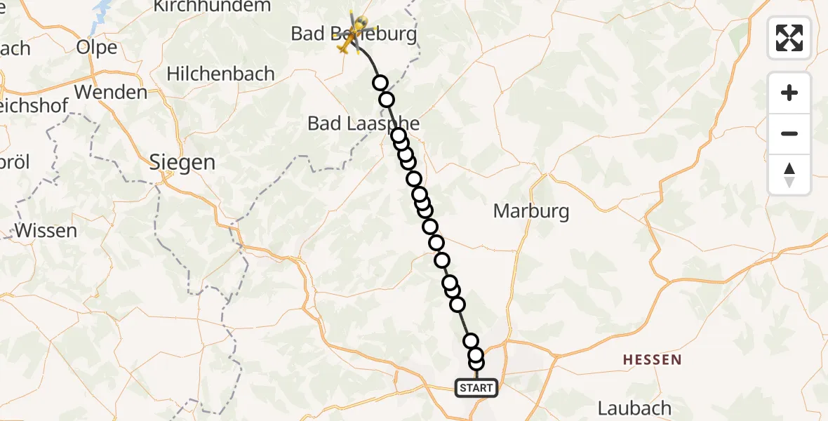 Flugroute Rettungshubschrauber Gießen - Bad Berleburg, 18 März 2026, 20:05