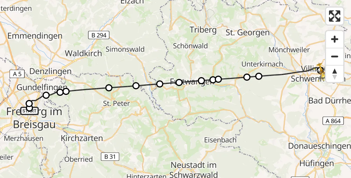 Flugroute Rettungshubschrauber Freiburg University Hospital Heliport 1 - DRF Air Rescue Station Villingen-Schwenningen Heliport (Christoph 11), 18 März 2026, 20:34