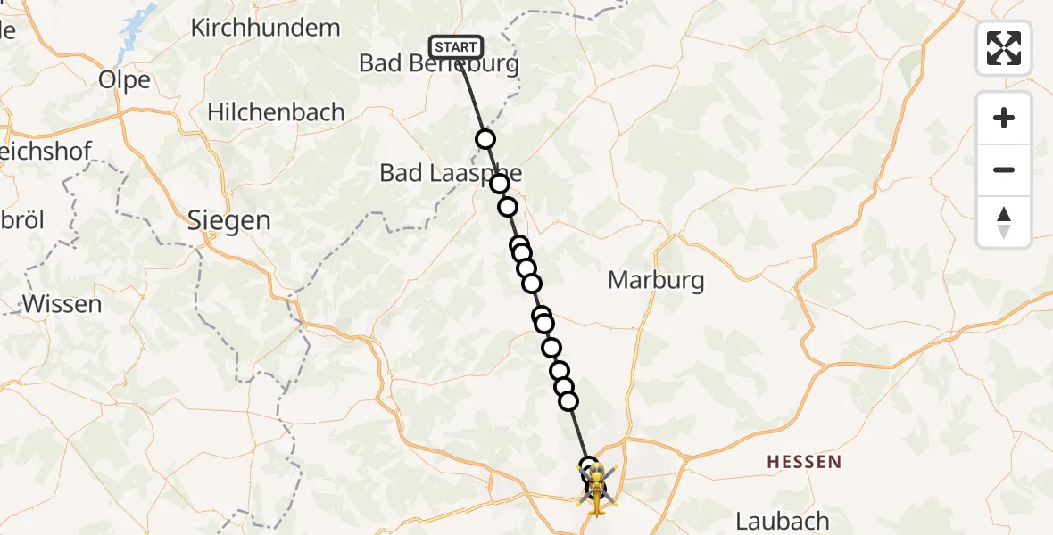 Flugroute Rettungshubschrauber Bad Berleburg - Gießen University Hospital, 18 März 2026, 20:53