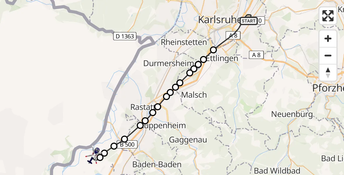 Flugroute Polizeihubschrauber Karlsruhe - Karlsruhe Baden-Baden Airport, 18 März 2026, 21:22