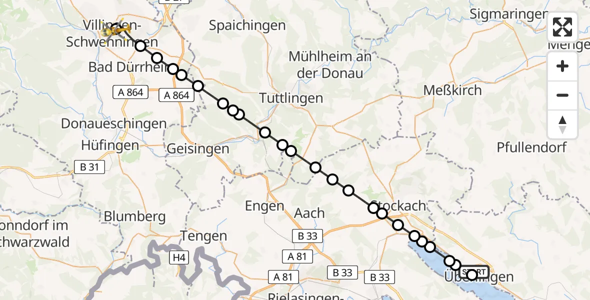 Flugroute Rettungshubschrauber Aufkirch - DRF Air Rescue Station Villingen-Schwenningen Heliport (Christoph 11), 19 März 2026, 01:30
