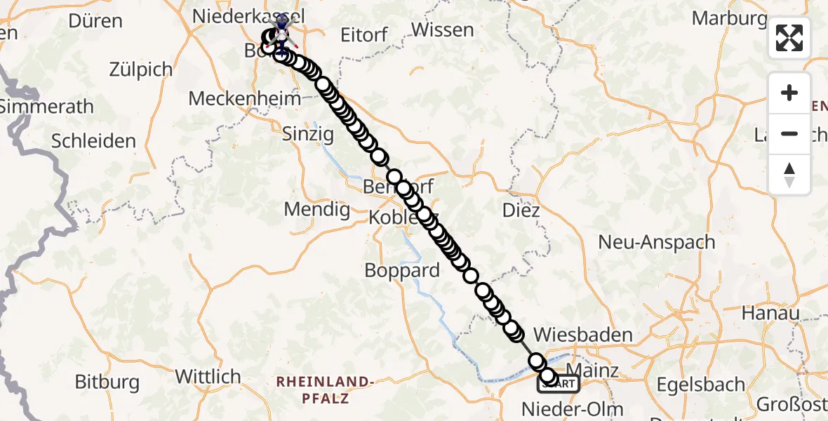 Flugroute Polizeihubschrauber Mainz-Finthen Airfield - Sankt Augustin, 19 März 2026, 02:02