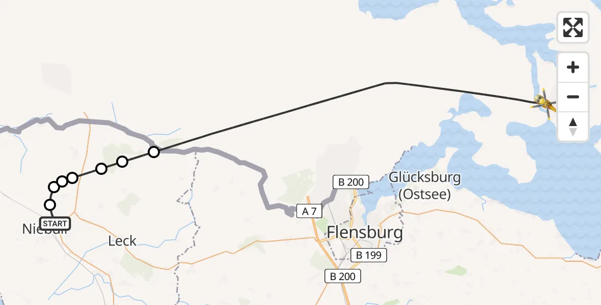 Flugroute Rettungshubschrauber Niebüll - Ladelund, 19 März 2026, 05:21