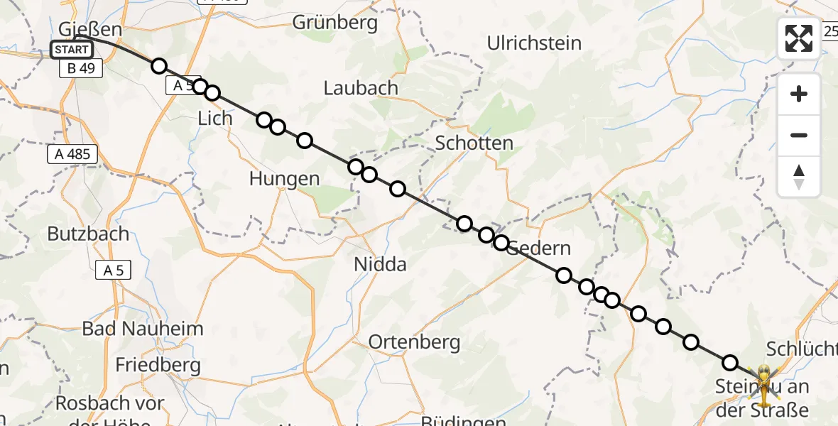 Flugroute Rettungshubschrauber Gießen - Steinau an der Straße, 19 März 2026, 05:52