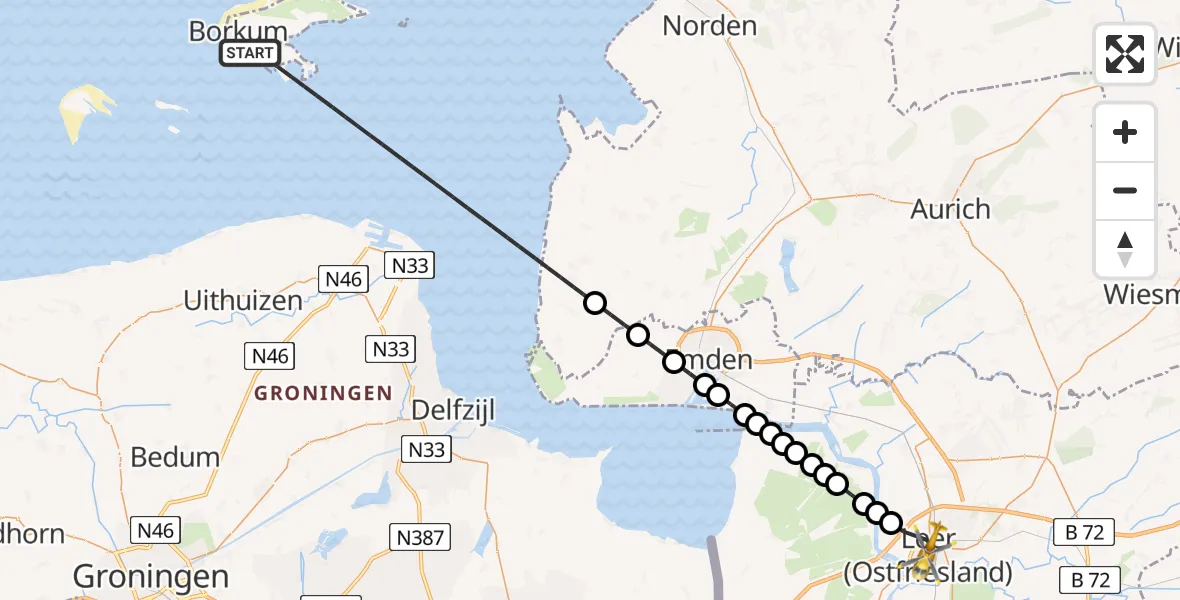 Routekaart van de vlucht: Rettungshubschrauber nach Leer (Ostfriesland), Augustenstraße
