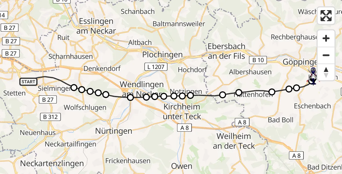 Flugroute Polizeihubschrauber Stuttgart Airport - Holzheim, 19 März 2026, 06:00