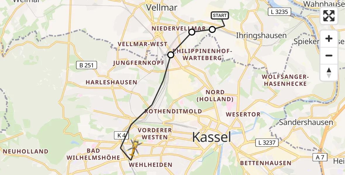 Flugroute Rettungshubschrauber Fuldatal Federal Police Heliport - Kassel, 19 März 2026, 06:02