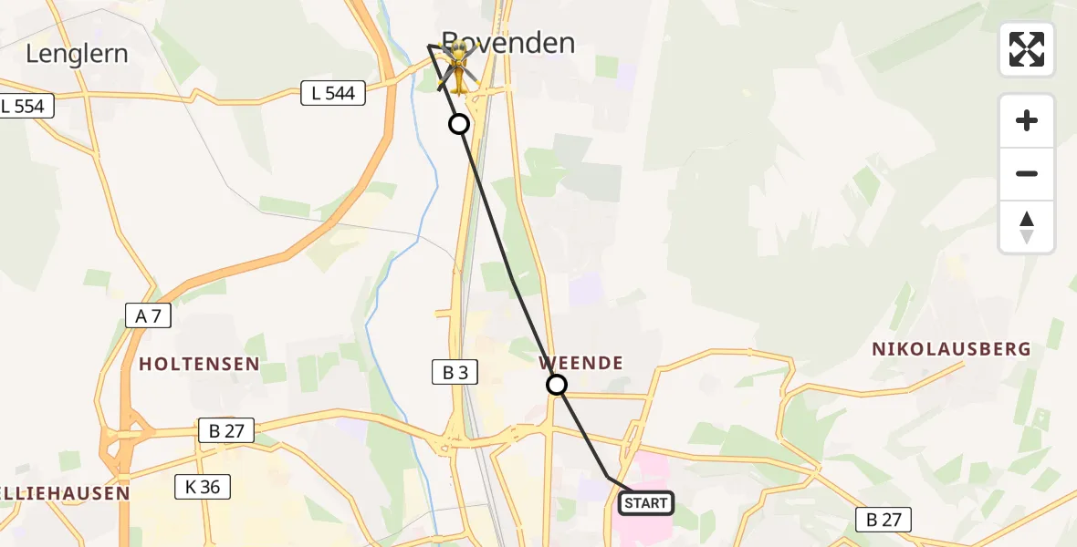 Flugroute Rettungshubschrauber Göttingen University Clinic Heliport - Bovenden, 19 März 2026, 06:15