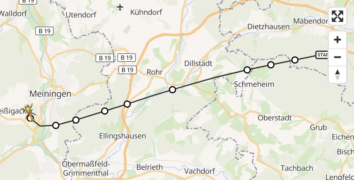 Flugroute Rettungshubschrauber Mäbendorf - Helios Clinic Meiningen, 19 März 2026, 06:21