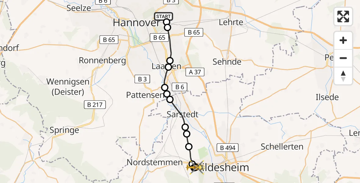 Flugroute Rettungshubschrauber Hannover Air Rescue Heliport (Christoph 4) - Hildesheim, 19 März 2026, 06:35
