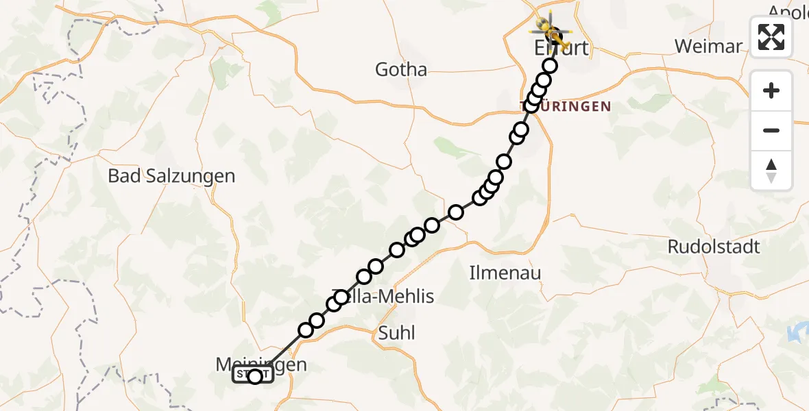 Flugroute Rettungshubschrauber Helios Clinic Meiningen - Helios Clinic Erfurt, 19 März 2026, 06:56