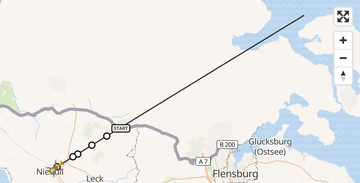 Flugroute Rettungshubschrauber Ladelund - Niebüll, 19 März 2026, 07:08