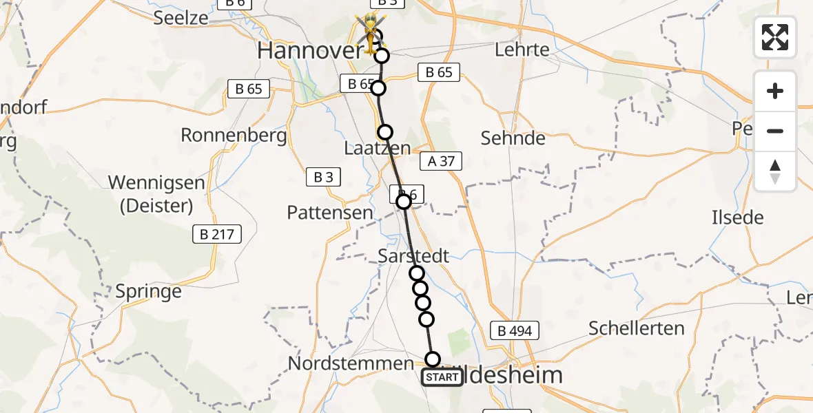 Flugroute Rettungshubschrauber Hildesheim - Hannover Air Rescue Heliport (Christoph 4), 19 März 2026, 07:11