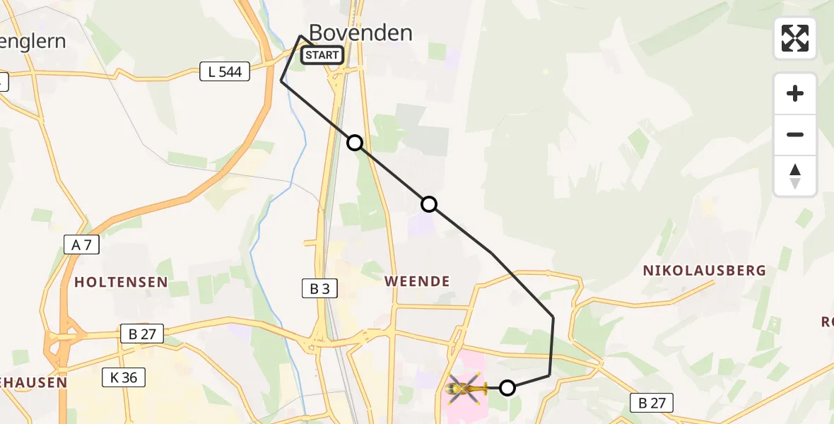 Flugroute Rettungshubschrauber Bovenden - Göttingen University Clinic Heliport, 19 März 2026, 07:21