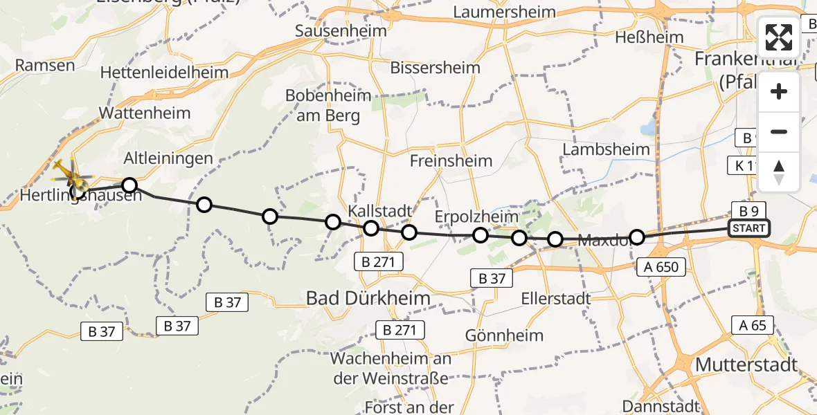 Flugroute Rettungshubschrauber Ludwigshafen am Rhein - Hertlingshausen, 19 März 2026, 07:21