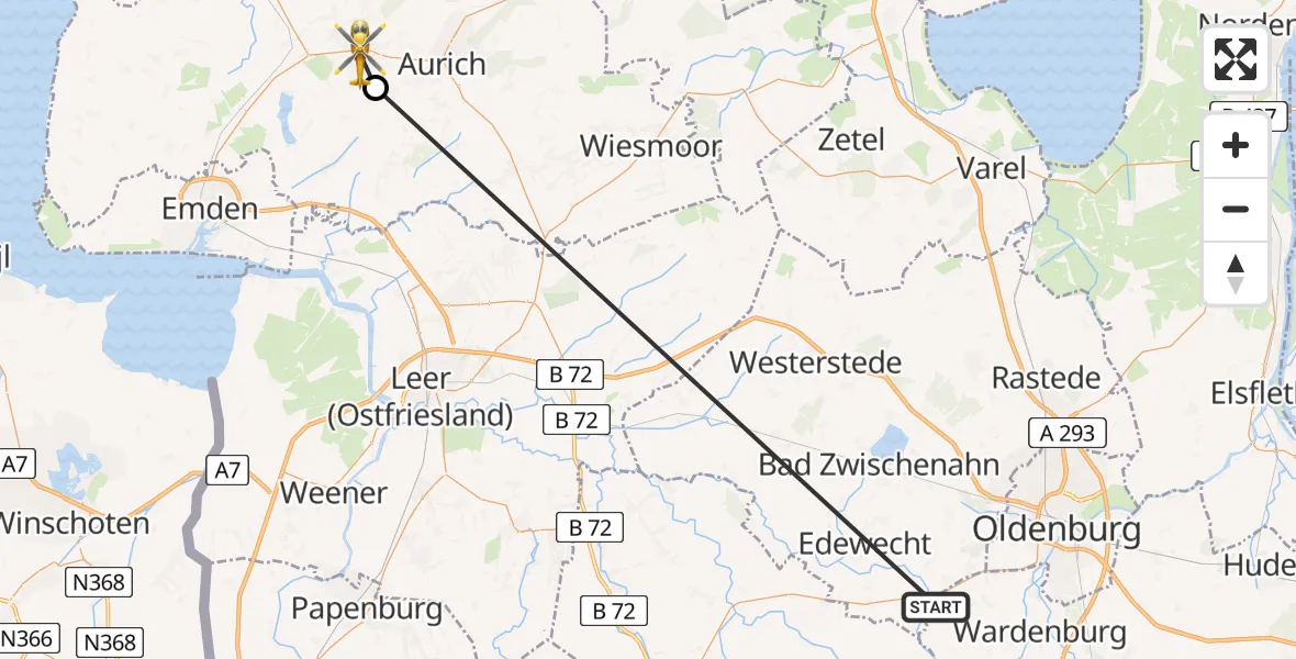 Flugroute Ambulanzhubschrauber Edewecht - Südbrookmerland, 19 März 2026, 07:44