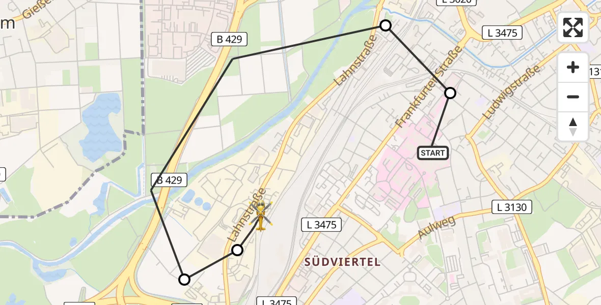 Flugroute Rettungshubschrauber Gießen University Hospital - Gießen, 19 März 2026, 07:48
