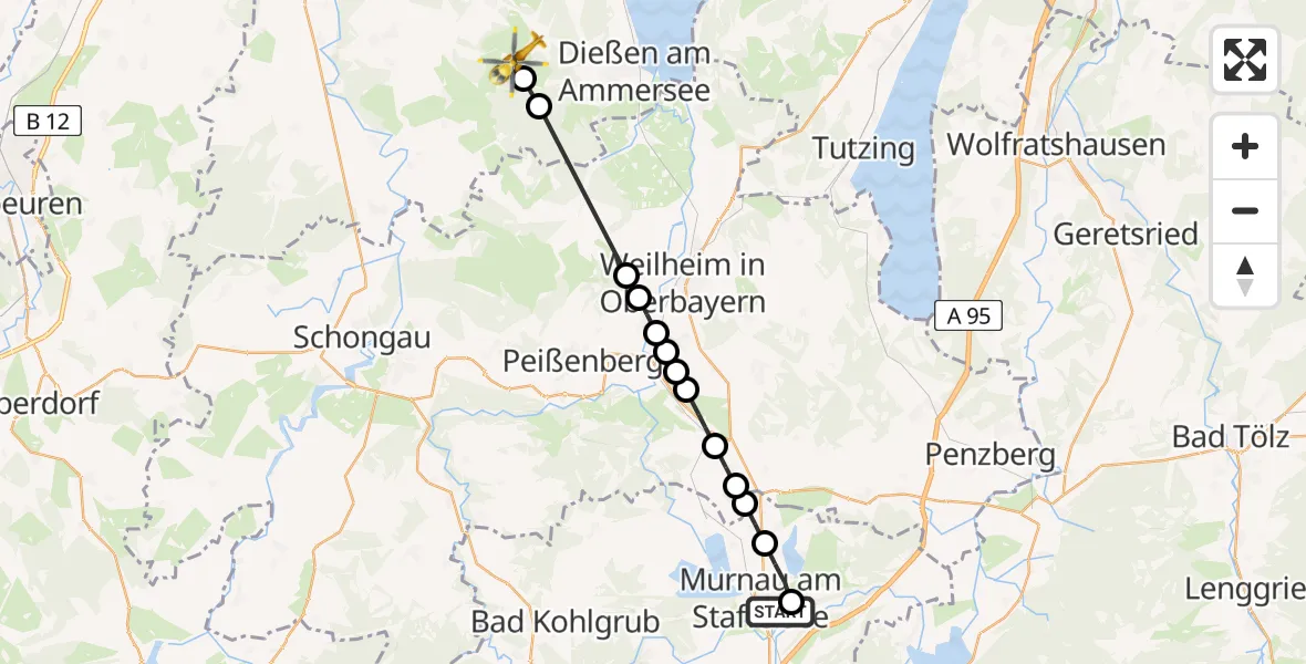 Flugroute Rettungshubschrauber Murnau Accident Hospital - Dettenschwang, 19 März 2026, 07:49