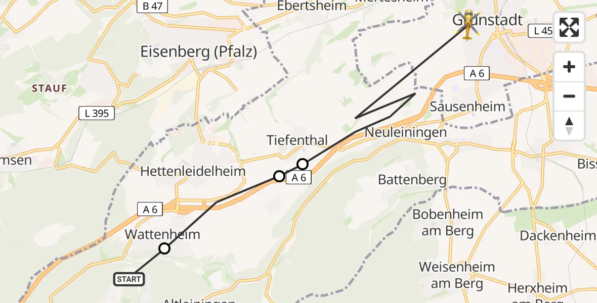 Routekaart van de vlucht: Rettungshubschrauber nach Grünstadt, Am Bergel