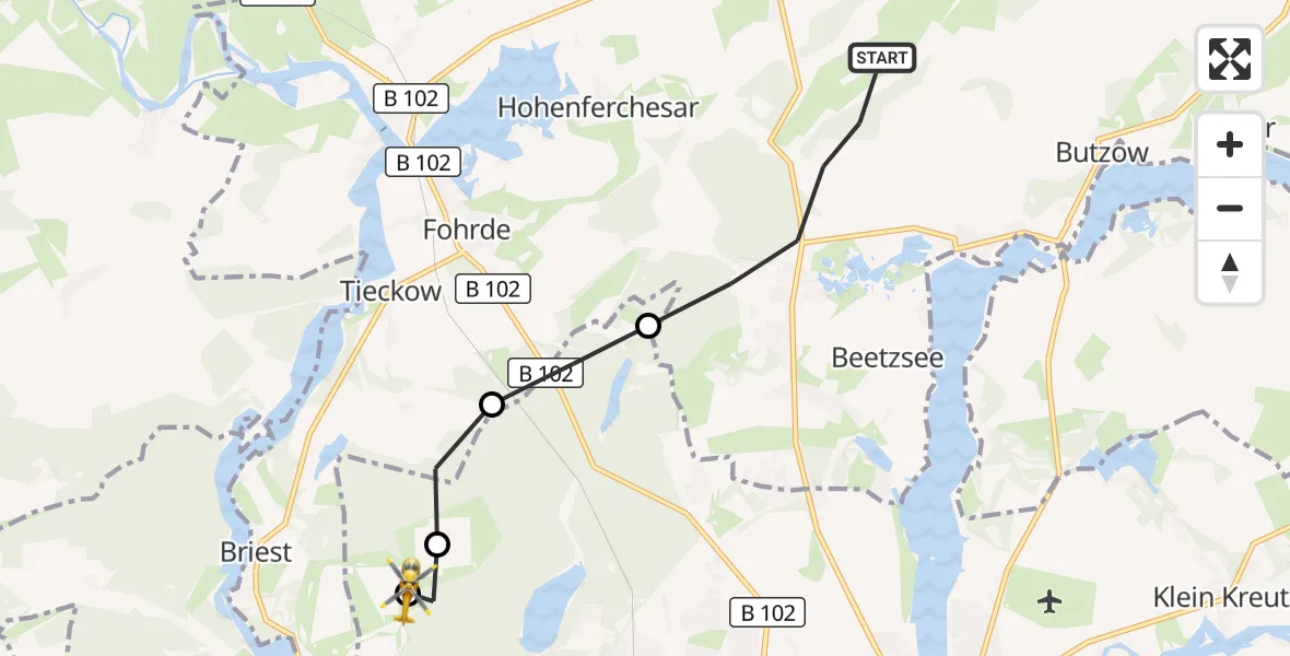 Flugroute Rettungshubschrauber Beetzsee - Brandenburg-Briest Airport, 19 März 2026, 08:04