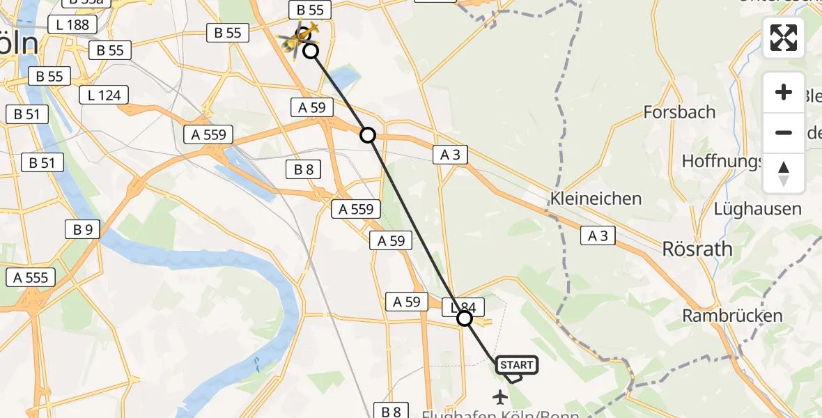 Flugroute Rettungshubschrauber Cologne Bonn Airport - Merheim Hospital, 19 März 2026, 08:11