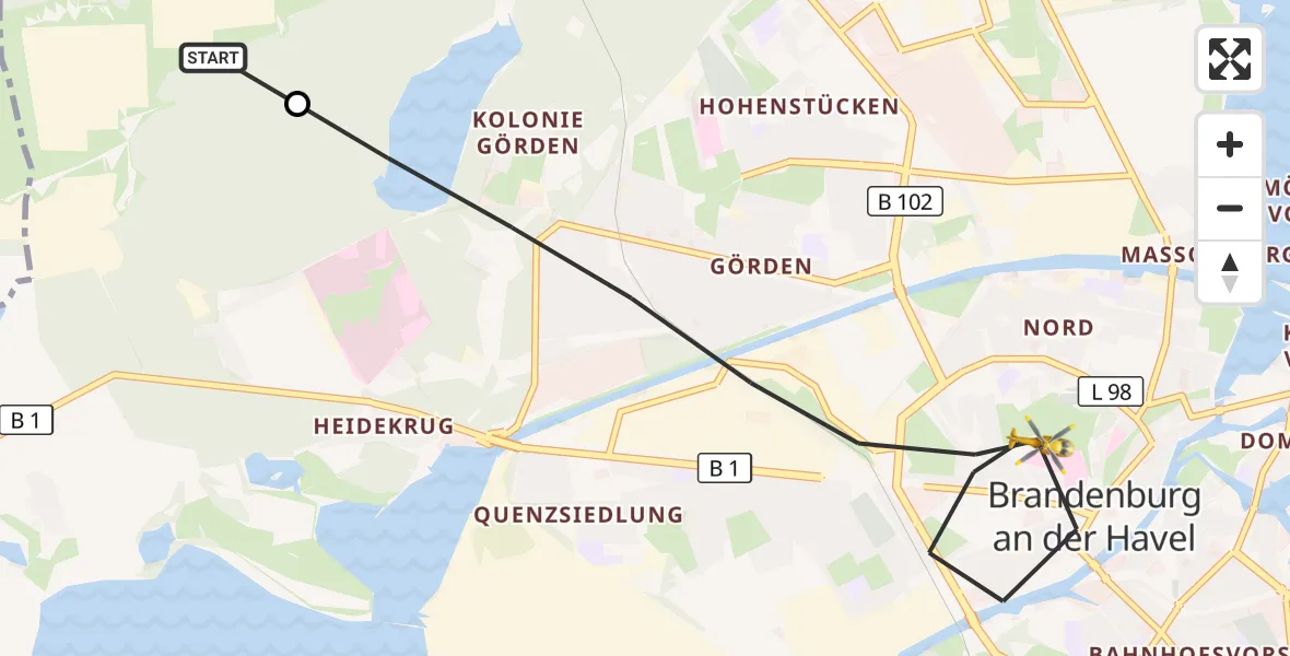 Flugroute Rettungshubschrauber Brandenburg-Briest Airport - Brandenburg an der Havel, 19 März 2026, 08:11