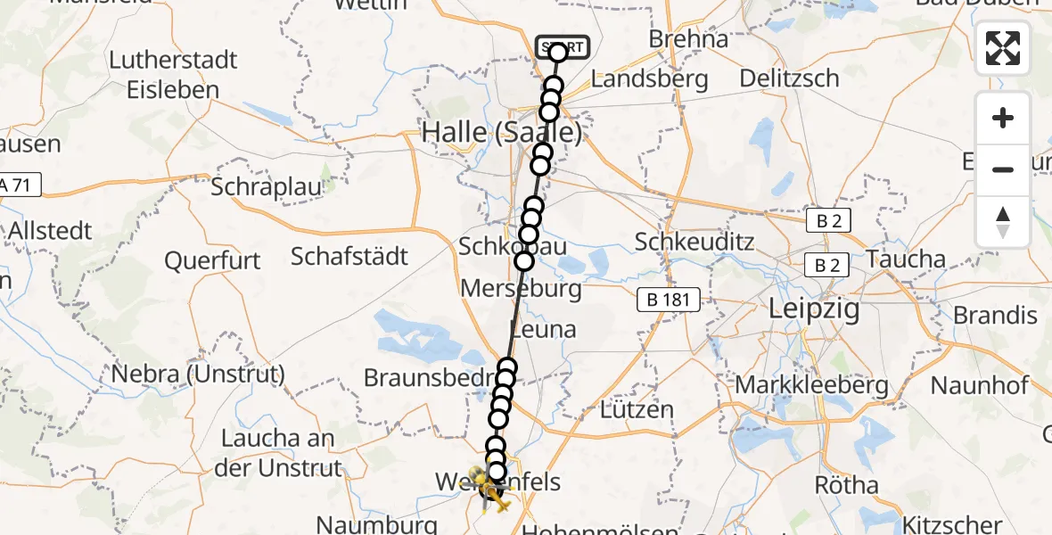 Flugroute Rettungshubschrauber Halle-Oppin Airfield - Asklepios Clinic Weißenfels, 19 März 2026, 08:17