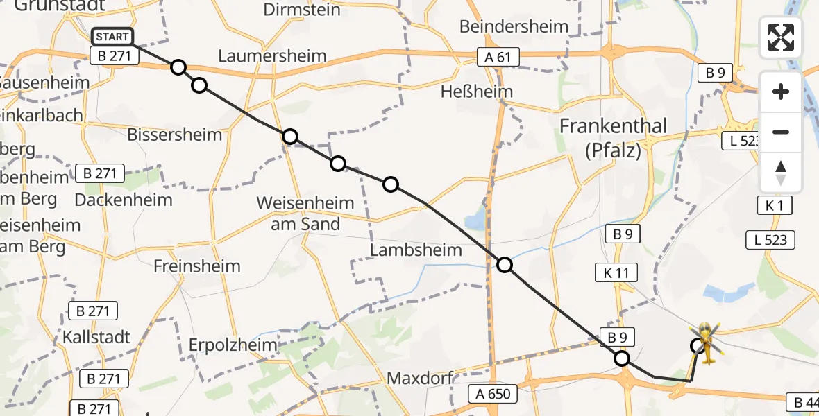 Flugroute Rettungshubschrauber Grünstadt - Ludwigshafen Accident Hospital Heliport, 19 März 2026, 08:25