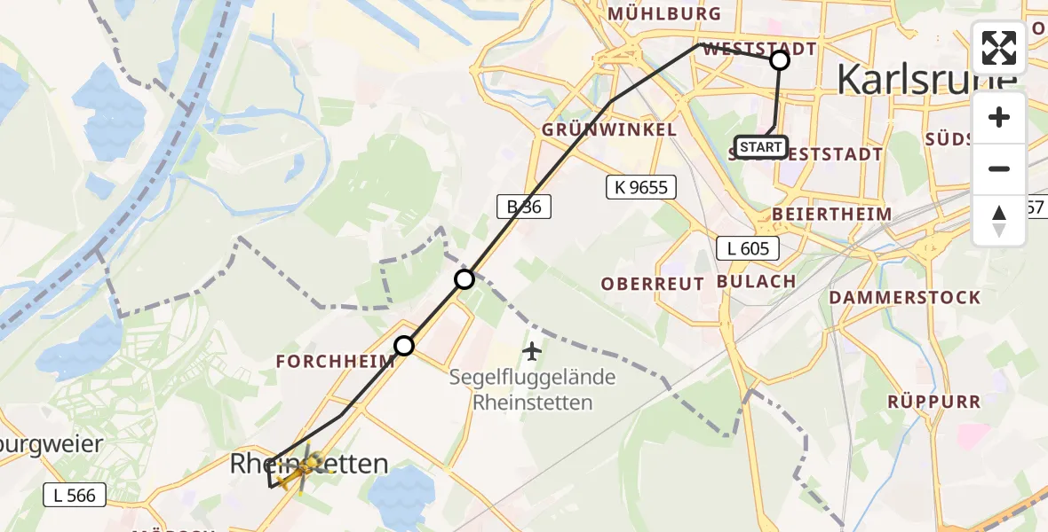 Flugroute Rettungshubschrauber Sankt Vincentius Hospital - Rheinstetten, 19 März 2026, 08:29
