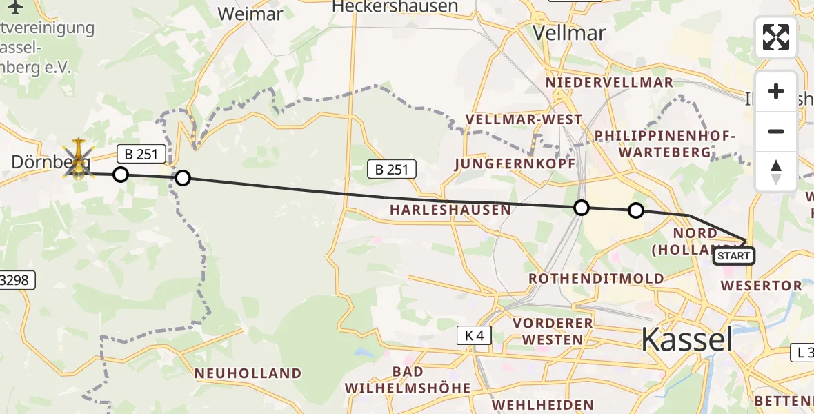 Flugroute Rettungshubschrauber Kassel - Dörnberg, 19 März 2026, 08:44