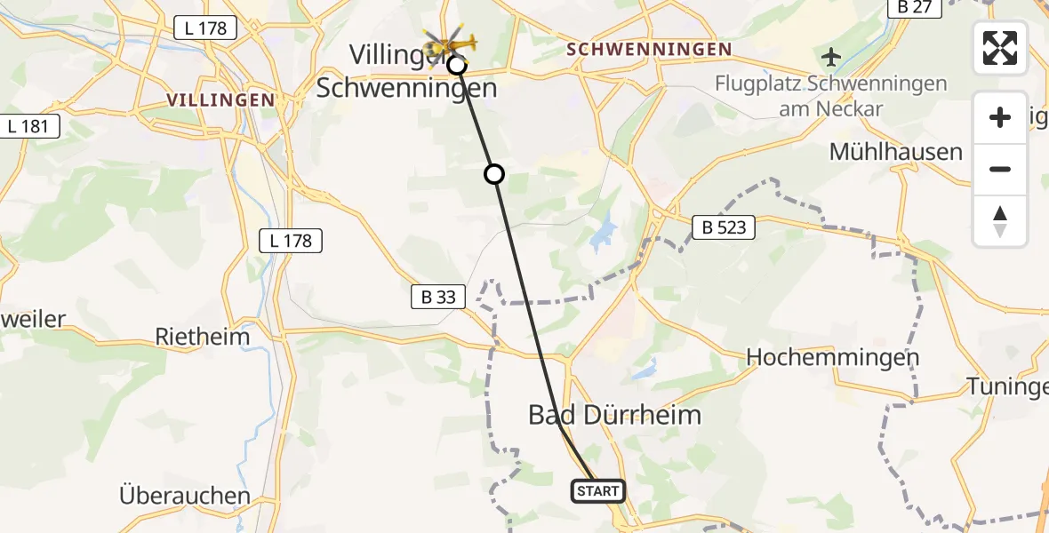 Routekaart van de vlucht: Rettungshubschrauber nach DRF Air Rescue Station Villingen-Schwenningen Heliport (Christoph 11)