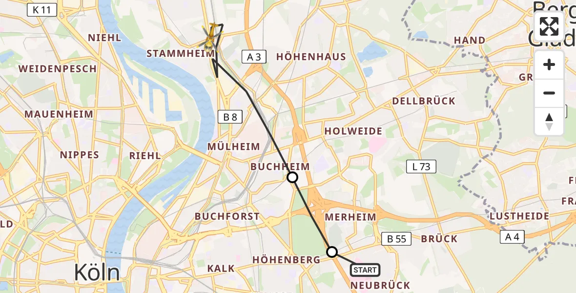 Flugroute Rettungshubschrauber Merheim Hospital - Mülheim, 19 März 2026, 08:51