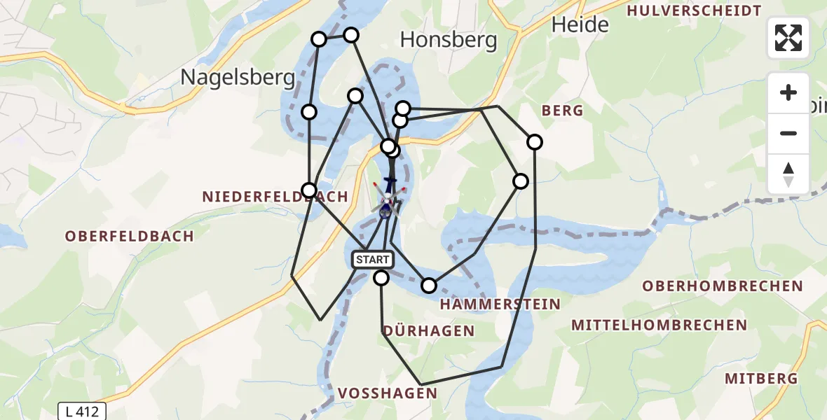 Flugroute Polizeihubschrauber Hückeswagen - Gemarkung Bergisch Born, 19 März 2026, 08:53