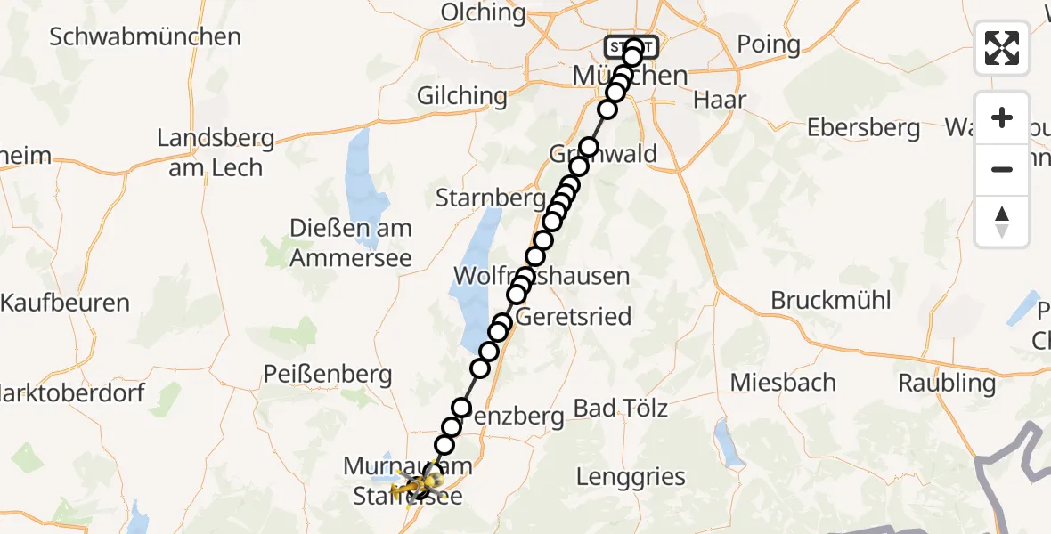 Routekaart van de vlucht: Rettungshubschrauber nach Murnau Accident Hospital